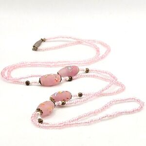 Lampwork Glass Bead Necklace Vintage‎ Venetian Style Pink 33" Inch Barrel Clasp
